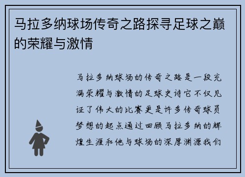 马拉多纳球场传奇之路探寻足球之巅的荣耀与激情