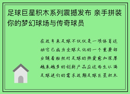 足球巨星积木系列震撼发布 亲手拼装你的梦幻球场与传奇球员